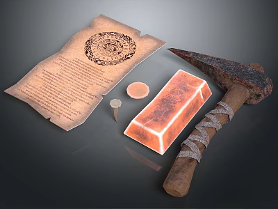 Detailed Ancient Parchment With Seal Hammer And Glowing Gold Bar Artifact 3d model