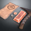 Detailed Ancient Parchment With Seal Hammer And Glowing Gold Bar Artifact