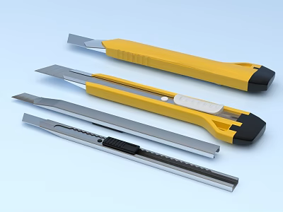 Modern Yellow And Silver Utility Knives With Sharp Blades And Ergonomic Handles 3d model