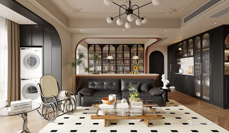 Modern Living Room Interior Design With Black Leather Sofa Coffee Table And Geometric Rug 3d model 