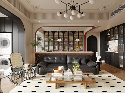 Modern Living Room Interior Design With Black Leather Sofa Coffee Table And Geometric Rug 3d model