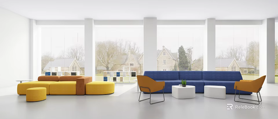 Blue Yellow Sofa And White Coffee Table Set With Orange Chair In Bright Room 3d model 