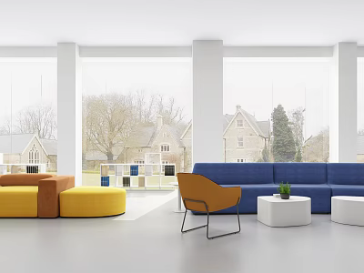 Blue Yellow Sofa And White Coffee Table Set With Orange Chair In Bright Room 3d model