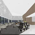 Modern Sales Office With Large Glass Windows Greenery View Wooden Wall Decor And Comfortable Furniture