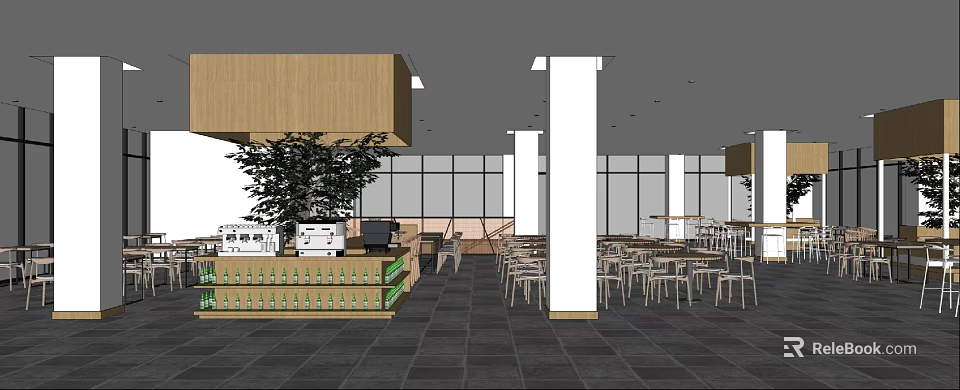Modern Restaurant Interior With Wooden Counter Green Plant White Pillars And Tables Chairs 3d model 