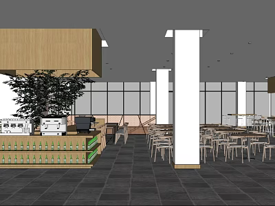 Modern Restaurant Interior With Wooden Counter Green Plant White Pillars And Tables Chairs 3d model