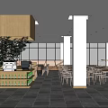 Modern Restaurant Interior With Wooden Counter Green Plant White Pillars And Tables Chairs