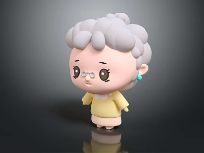 3D Cartoon Game Movie Character Granny With Curly Gray Hair Glasses Yellow Dress Earrings 3d model