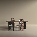 Wooden Table And Chair Set With Different Designed Chairs And Fruits On Table