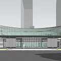 Modern Sales Office Building With Curved Glass Facade Green Roof And Landscaped Trees