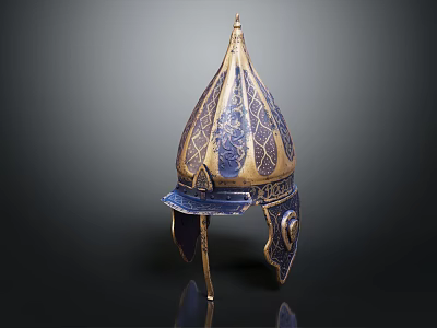 Intricate Blue And Gold Decorated Ancient Helmet With Pointed Top And Historical Weapon Design 3d model