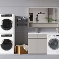 Modern Bathroom With Stacked Washing Machines Sink Cabinet And Mirror