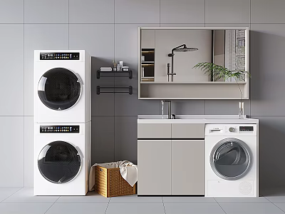 Modern Bathroom With Stacked Washing Machines Sink Cabinet And Mirror 3d model