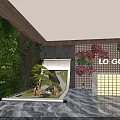 Hotel Lobby Interior Featuring Green Vertical Plant Wall Red Floral Decoration Logo And Marble Floor