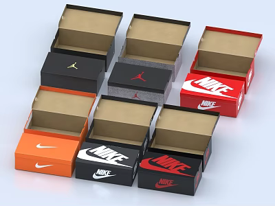 Open Nike and Jordan Shoe Boxes with Brand Logos in Black Red Orange 3d model