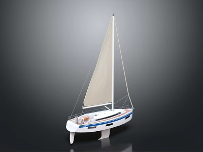 Stylish White Hull Sailboat With Blue Accent Stripes And White Sail Against Gray Background 3d model