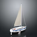 Stylish White Hull Sailboat With Blue Accent Stripes And White Sail Against Gray Background