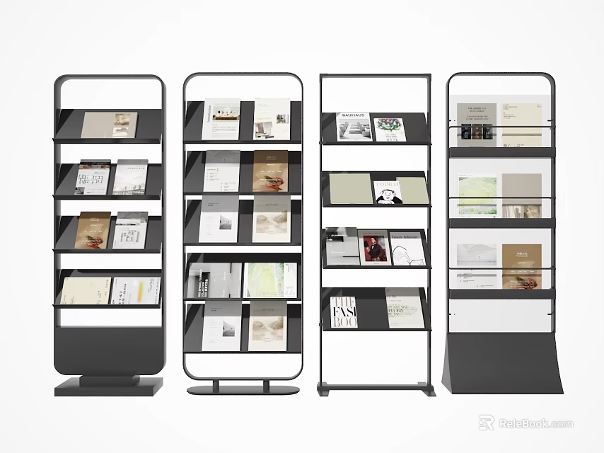 Modern Multilayer Bookshelf Design With Black And White Frame Displaying Books And Magazines 3d model 