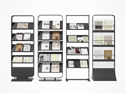 Modern Multilayer Bookshelf Design With Black And White Frame Displaying Books And Magazines 3d model