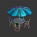 Outdoor Round Table Set With Blue Striped Umbrella And Metal Chairs