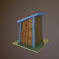 Wooden Outdoor Shed With Colorful Striped Roof And Plank Door On Green Base