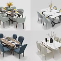 Modern Dining Table Set With Blue Gray Beige Chairs Vase Decor And Tableware 3d model