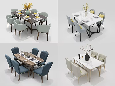 Modern Dining Table Set With Blue Gray Beige Chairs Vase Decor And Tableware 3d model