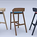 Modern Bar Stools with Three Different Designs Wooden Frames and Colored Seats 3d model