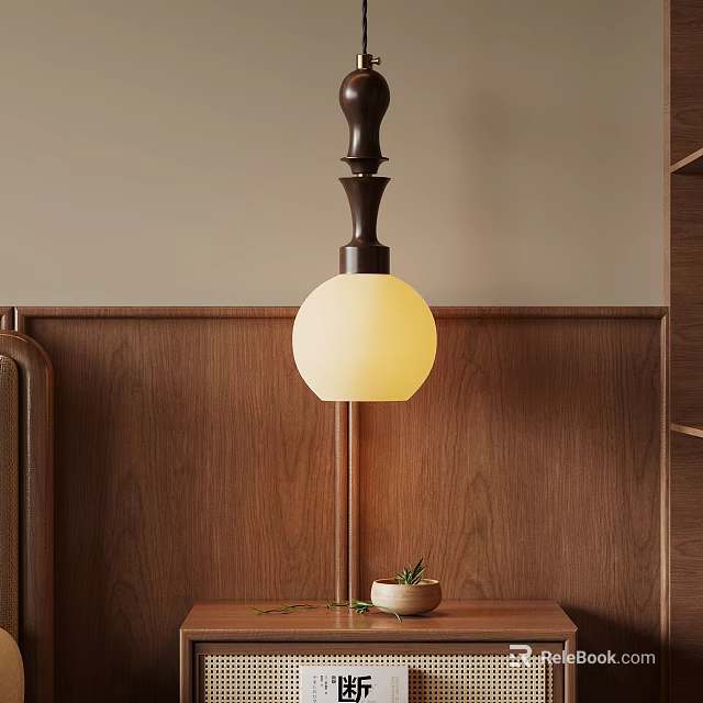 Modern Wooden Table Lamp with White Globe Shade on Wooden Panel Background and Small Plant 3d model 