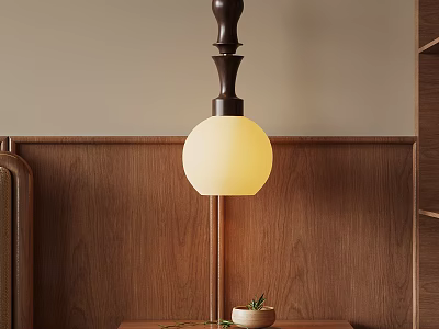 Modern Wooden Table Lamp with White Globe Shade on Wooden Panel Background and Small Plant 3d model