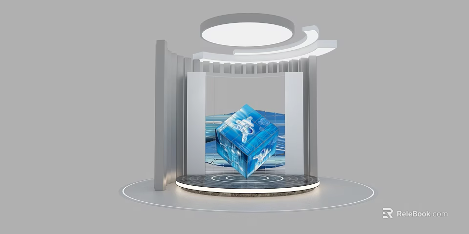 Modern Display Stand With Blue Cube Illuminated Structure And Circular Platform 3d model