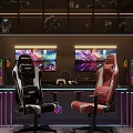 Modern Gaming Room Interior Setup With Red Gaming Chair Computer Neon Lights And Display Shelves
