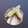 Fresh Two Sweet Corn Cobs Placed On Round Wooden Cutting Board
