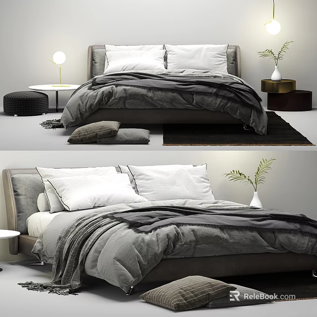 Modern Double Bed with Gray Bedding White Pillows Side Table Lamp and Plant 3d model 