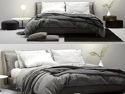 Modern Double Bed with Gray Bedding White Pillows Side Table Lamp and Plant 3d model