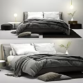 Modern Double Bed with Gray Bedding White Pillows Side Table Lamp and Plant