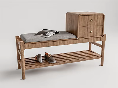 Wooden Sofa Bench With Gray Cushion Magazine Drawer Cabinet And Shoes On Shelf 3d model