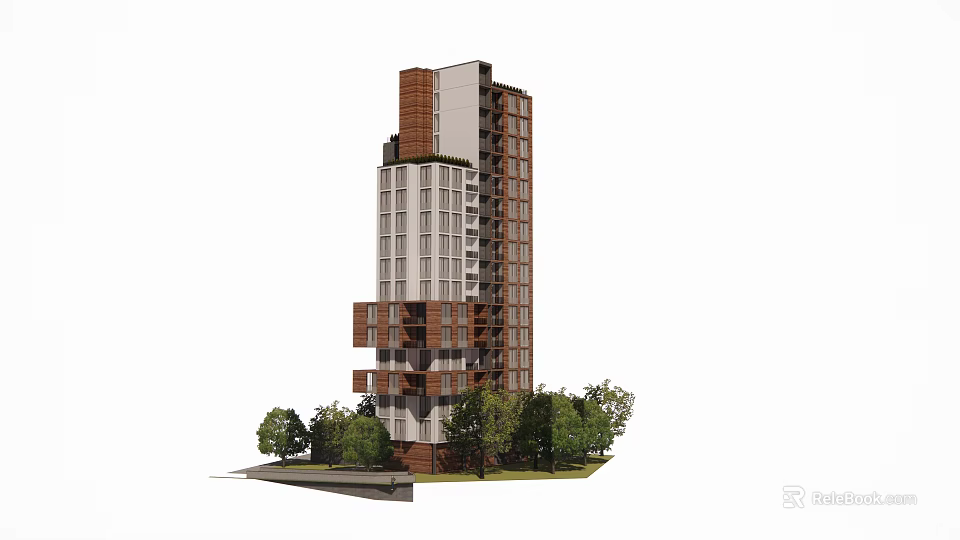 Modern High Rise Apartment Building With Brown And White Facade And Surrounding Trees 3d model 