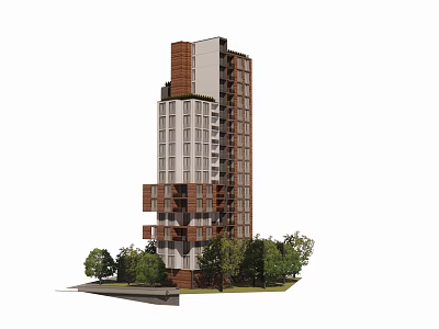 Modern High Rise Apartment Building With Brown And White Facade And Surrounding Trees 3d model
