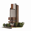 Modern High Rise Apartment Building With Brown And White Facade And Surrounding Trees