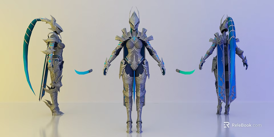 Game and Movie Character Three Armoured Figures with Silver Blue Armor and Glowing Details 3d model 