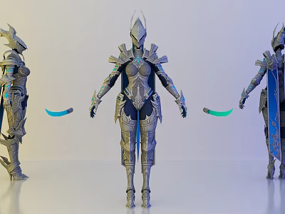 Game and Movie Character Three Armoured Figures with Silver Blue Armor and Glowing Details 3d model