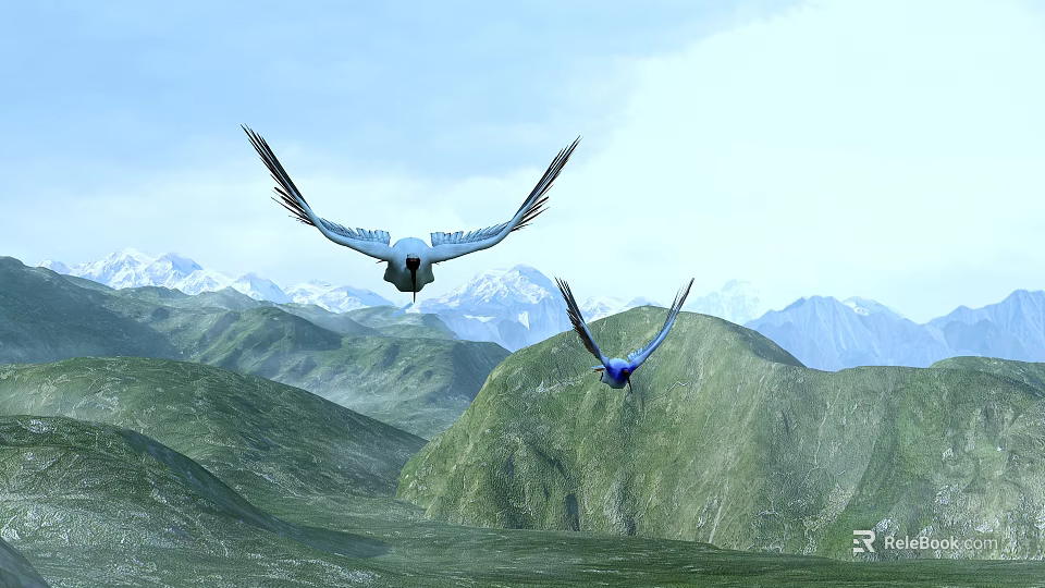 Scenic Mountain Landscape with Flying Birds Over Green Hills and Snowy Peaks 3d model 