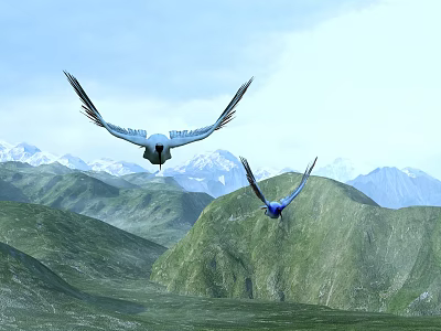Scenic Mountain Landscape with Flying Birds Over Green Hills and Snowy Peaks 3d model