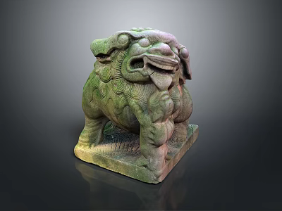 Traditional Stone Lion Sculpture With Intricate Carved Details And Square Base 3d model
