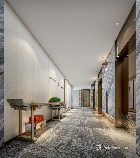 Luxurious Elevator Corridor With Modern Decor Side Tables And Carpet 3d model