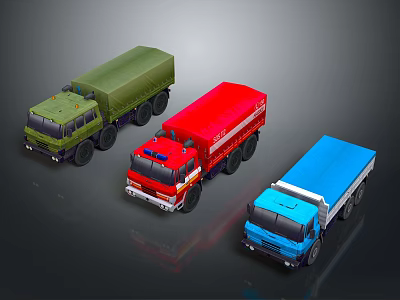 Green Cargo Red Fire and Blue Cargo Trucks Display Different Colors 3d model