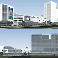 Modern High Rise Office Building Exterior With Sunlit Green Lawn Trees And People Activities