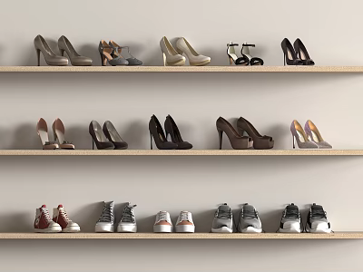 Various Styles of Shoes Including High Heels and Sneakers Displayed on Shelves 3d model