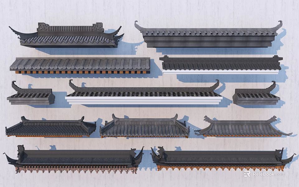 Traditional Chinese Architectural Roof Components With Various Eave Styles And Tile Designs 3d model 